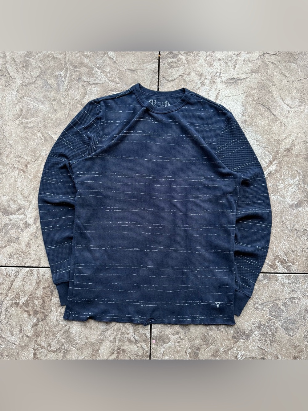 Vintage 90s Vurt Navy Patterned Waffle Knit Thermal Long Sleeve Size Extra Large